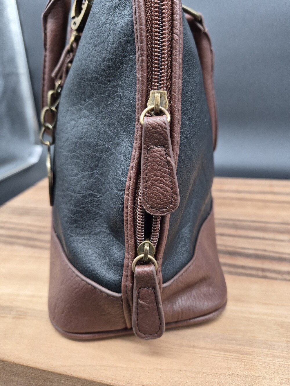 Bueno Large Two-Tone Black and Brown Structured Satchel, 13x9x5 - Picture 4 of 14
